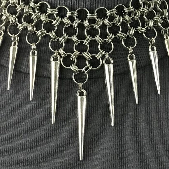 Gothic Tribal Silver Warrior Chainmail Spike Handmade Adjustable Choker Necklace - Picture 4 of 15